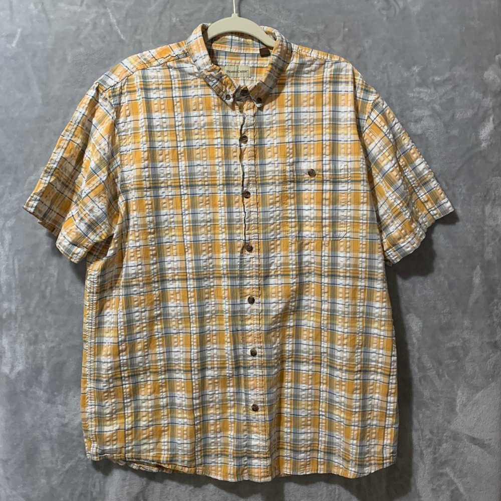 Hobbs Creek Men's Seersucker Casual Button-Up Shirt XL Yellow Plaid Short Sleeve